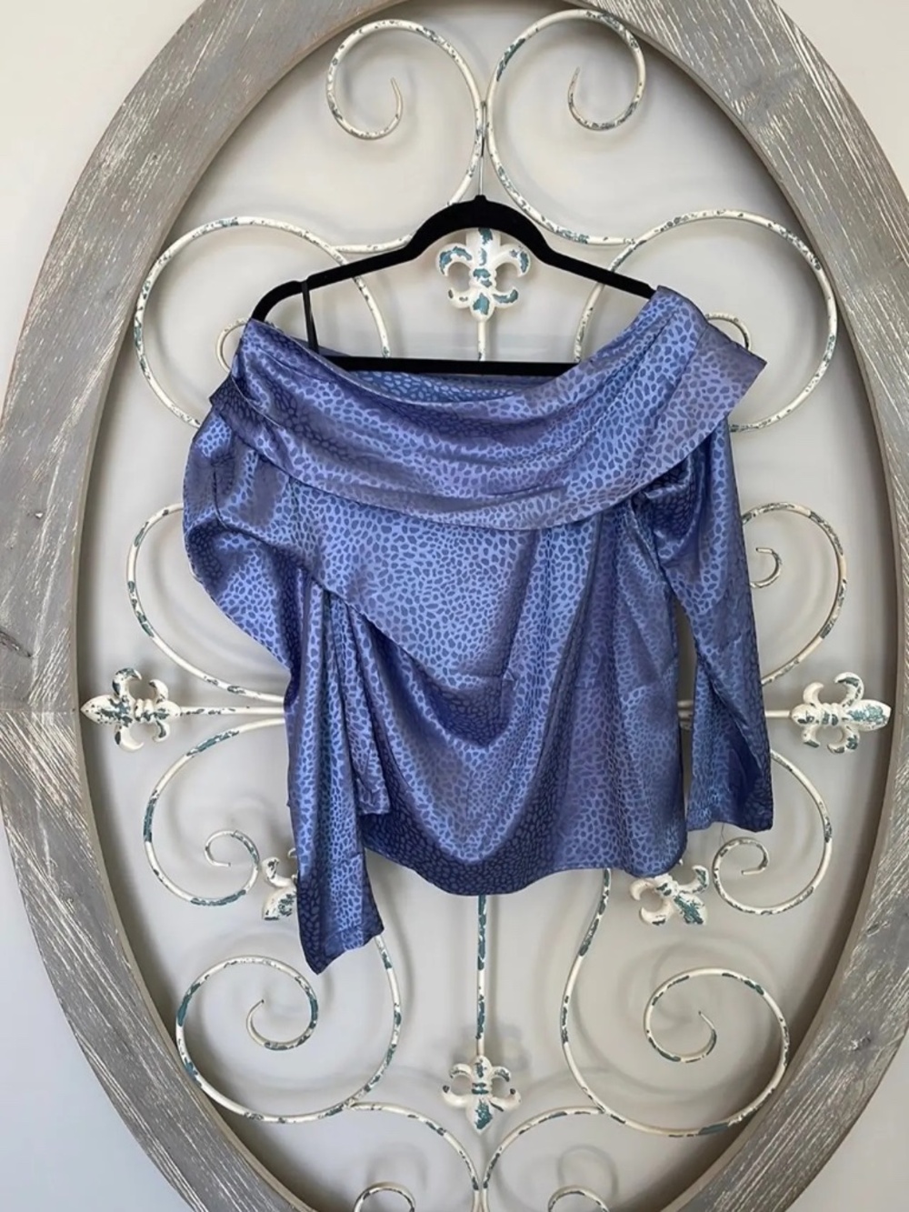 Off-Shoulder Satin Blouse in Lavender Blue